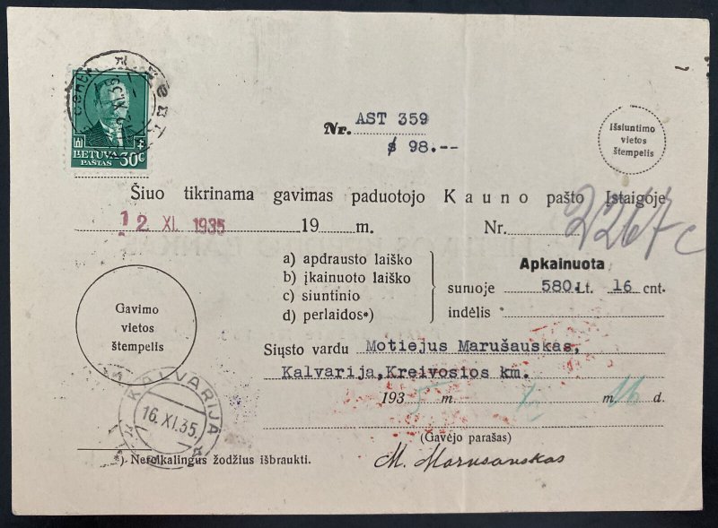 1935 Kaunas Lithuania Money Order Postal Receipt cover  To Kalvarija 