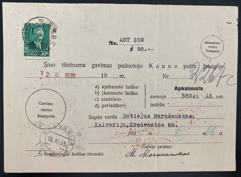 1935 Kaunas Lithuania Money Order Postal Receipt cover  To Kalvarija