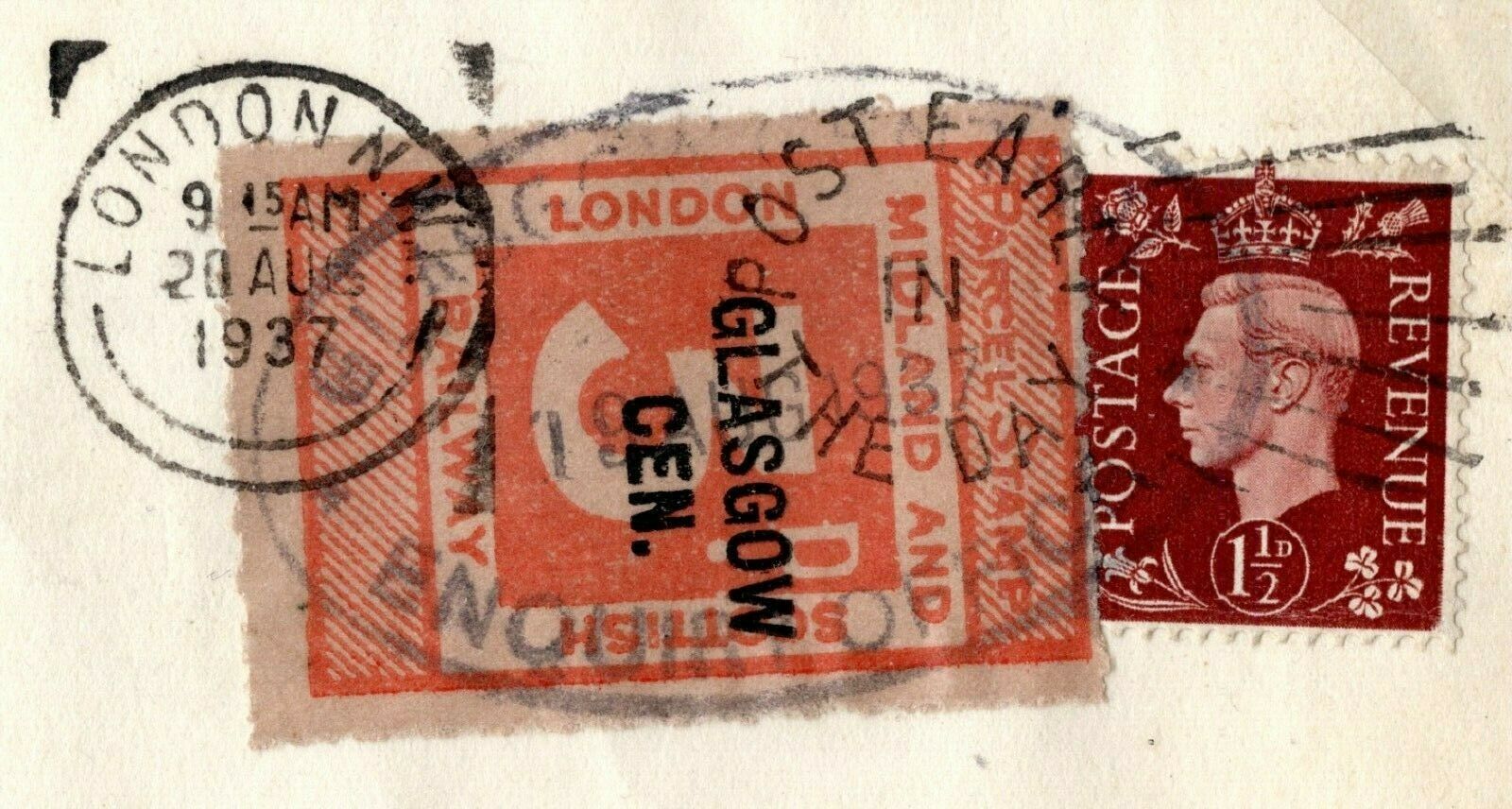 GB KGVI Cover Railway Letter GLASGOW CENTRAL Station Parcel Stamp 1937
