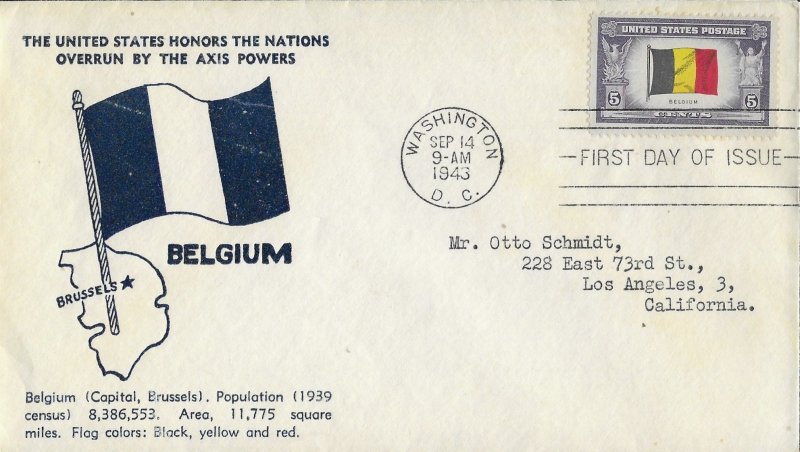 1943 FDC, #914, 5c Overrun Country - Belgium, Crosby M-21