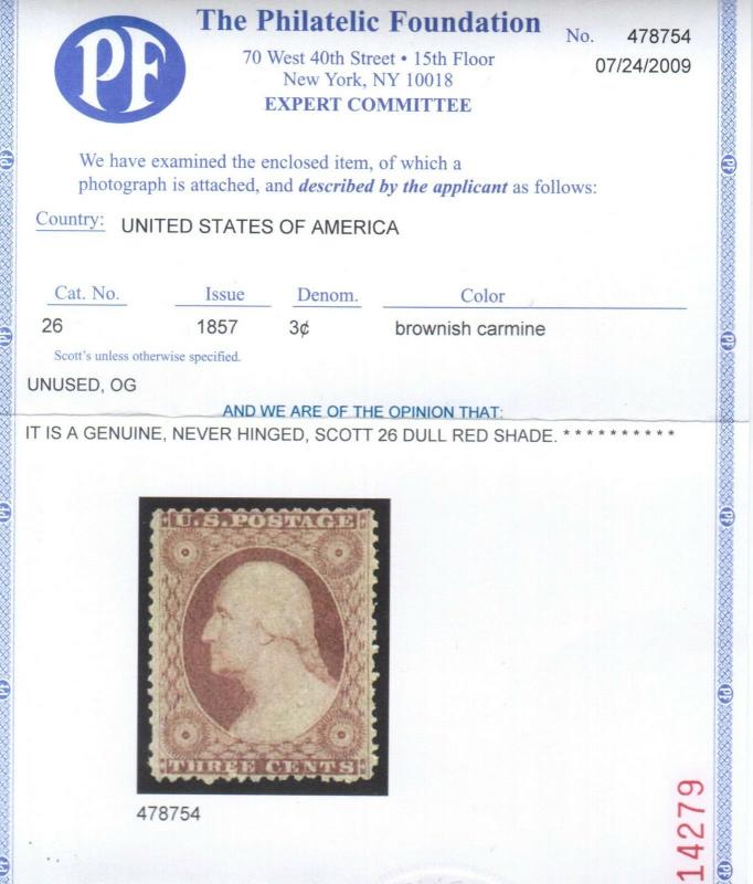 USA #26 Extra Fine Never Hinged **With Certificate**