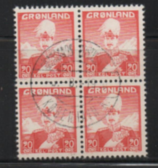 Greenland Sc 6 1946 20 ore Christian X stamp used block of 4