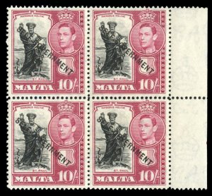 Malta #222 Cat$104+, 1948 10sh Self Government, sheet margin block of four, n...