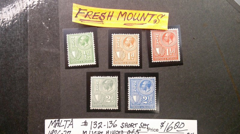 Malta 1926-27 Scott# 132-136 VF-XF OG Light Hinge short set of 5