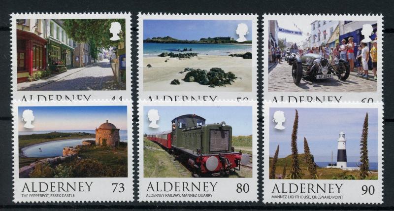 Alderney 2017 MNH Scenes Castles Lighthouses Trains Cars 6v Set Tourism Stamps 