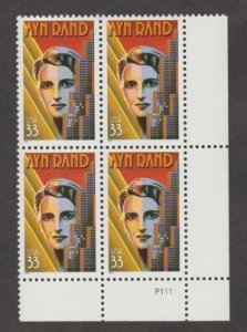 U.S. Scott #3308 Ayn Rand Stamp - Mint NH Plate Block