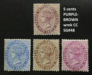 MALAYA Straits Settlements 1882-99 QV 5c Mint CC Purple-Brown & CA Varieties