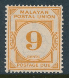 Malayan Postal Union Postage Due SG D11 9c Yel-Or P 15x14 WMK Multi Script CA MH
