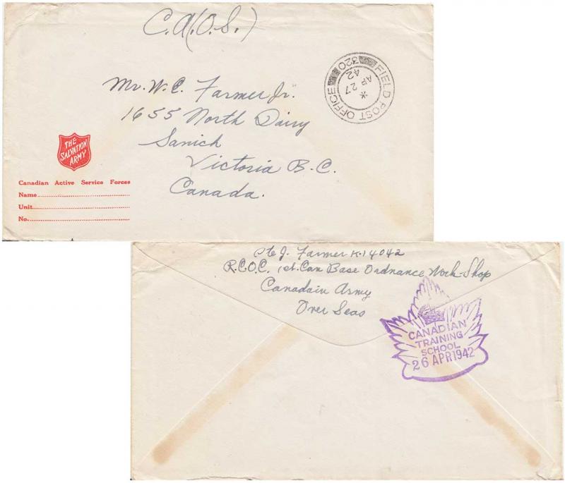 Canada Soldier's Free Mail 1942 Field Post Office, 320 SC 3 Headquarters, Can...