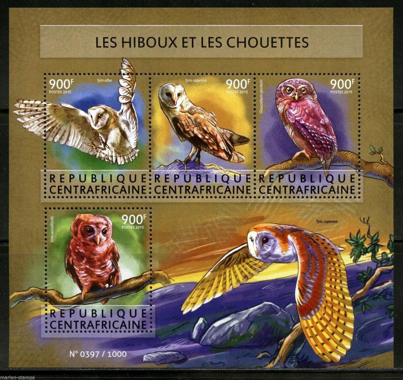 CENTRAL AFRICA 2015  OWLS  SHEET MINT NH