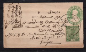 India 1924 1/2A Pre Paid Cover uprated 1/2A to Rangoon WS36785