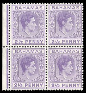 Bahamas #105 Cat$52+ (for hinged), 1938 3p light violet, block of four, never...