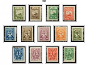 COLOR PRINTED MEMEL 1920-1923 STAMP ALBUM PAGES (14 illustrated pages)