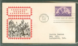 US 898 1940 3c Coronado Expedition (single) on an addressed first day cover with a Sanders cachet.