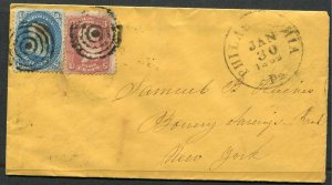 63 and 64 on Cover to New York from Philadelphia PA Jan 30 1862 Cancel Cat $800