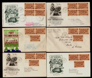 #1071 4c 1955 FORT TICONDEROGA: (9) Different Cachets to FOREIGN COUNTRIES