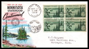 US 1106 Minnesota Statehood Block of Four Fluegel Typed FDC