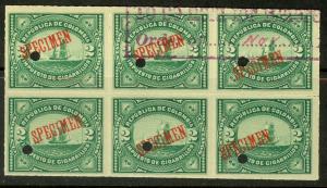 COLOMBIA 1892 TOBACCO TAX REVENUE Specimen & Punch Holes SHIPS BLOCK OF 6 MNH