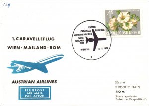 Austria Austrian Airlines Vienna to Rome 1964 1st Flight Cover