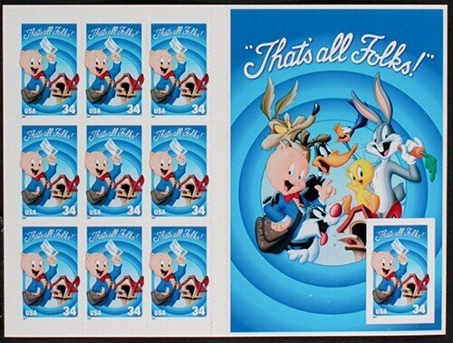 3535, 34¢ Looney Tunes Porky Pig, no die cutting var. sheet of 10, MNH