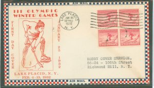 US 716 1932 2c Winter Olympics/Lake Placid (skiier) block of 4 on an addressed (stencil) FDC with an unknown cachet.