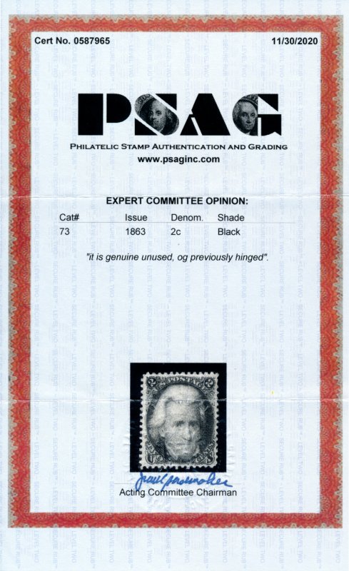 US 73 2c 1863 Andrew Jackson PSAG cert unused OG previously hinged