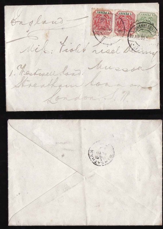 South Africa cover  #14304-Johannesburg 31 Jul1899-to England-B/S Stratham Aug 1