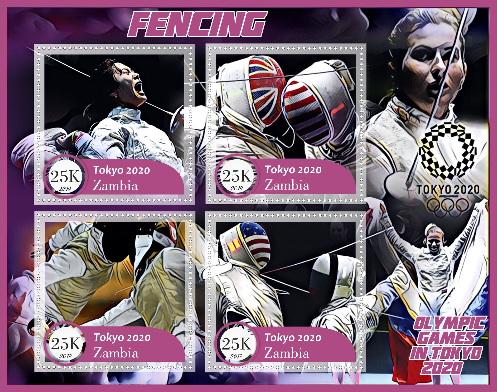 Stamps. Olympic games Tokyo Fencing 2020 2019 year 1+1 sheets