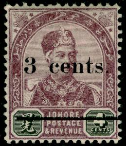 MALAYSIA - Johore SG28, 3c on 4c dull purple & black, M MINT.