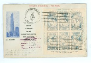 US 735 1934 3c Byrd Antartica Expedition Farley souvenir sheet of six imperf stamps on an addressed first day cover with a Gorha