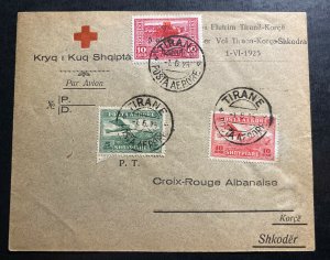 1925 Tirana Albania First Flight Airmail Cover FFC To Korce Red Cross Sc#C1-2