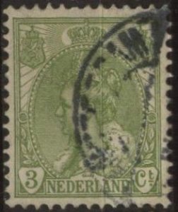 Netherlands 62 (used) 3c Queen Wilhelmina, pale ol grn (1901)