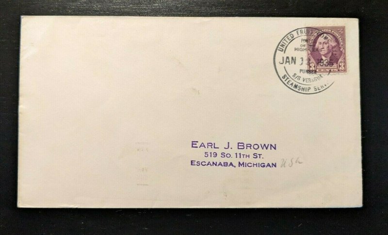 1936 United Fruit Company SS Veragua Sea Post Cover to Escanaba Michigan