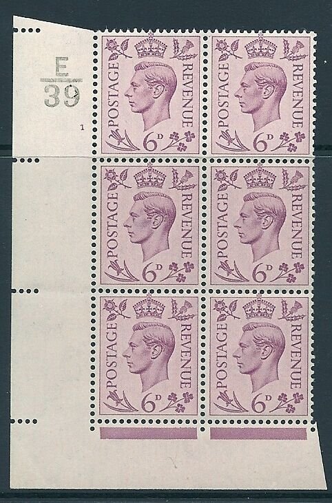 1938 6d Purple Dark colours E39 1 No Dot perf 2(I/E) block 6 UNMOUNTED MINT/MNH