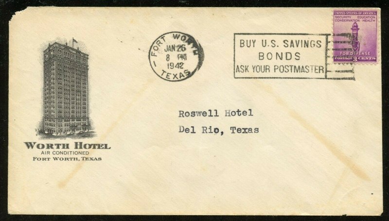 U.S. Scott 901 On 2-sided Ad Cover for Worth Hotel in Fort Worth, Texas