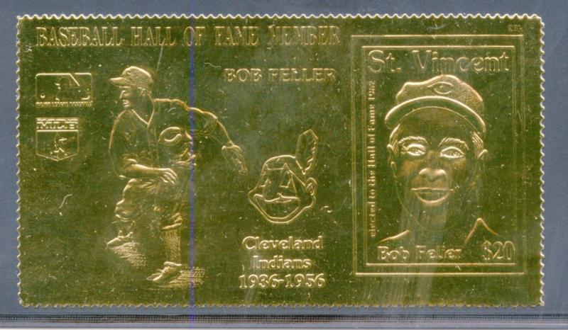 ST.VINCENT GREN BASEBALL HALL OF FAME BOB FELLER GOLD 23kt FOIL STAMP RARE