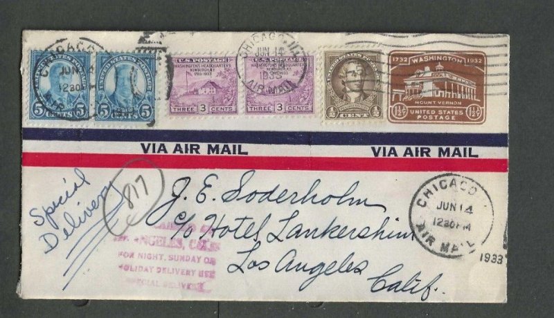 1933 #U524 Used On Airmail Cover W/16.5 Cents Added To Equal 18c Airmail-----