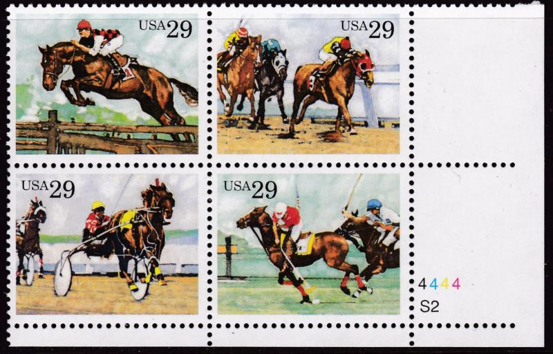 United States 1993 29c Sporting Horses Plate Number Block VF/NH