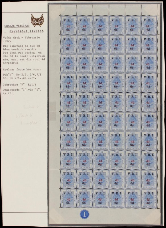 ORANGE FREE STATE 1902 4d on V.R.I. 6d on 6d plate 1 part sheet 'thick V' MNH ** 