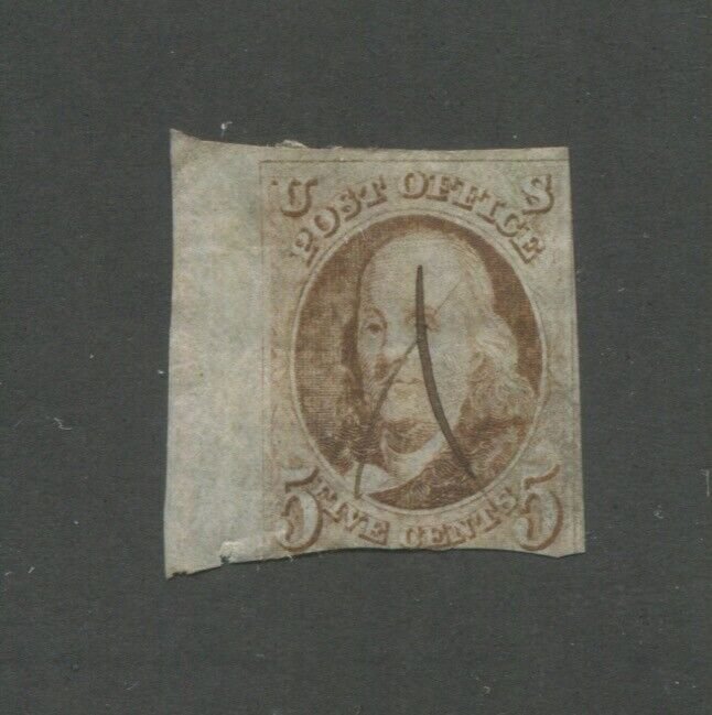 1847 United States Postage Stamp #1 Used Pen Cancel with large margin