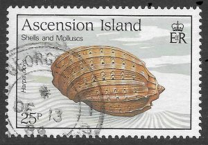 Ascension Scott 478 Used 25p Shell and Mollusk Harpa doris  issue of 1989