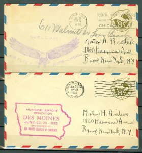 US 1933  AIRMAIL  LOT of (2) 8c STATIONERY ENVELOPES...CACHETS