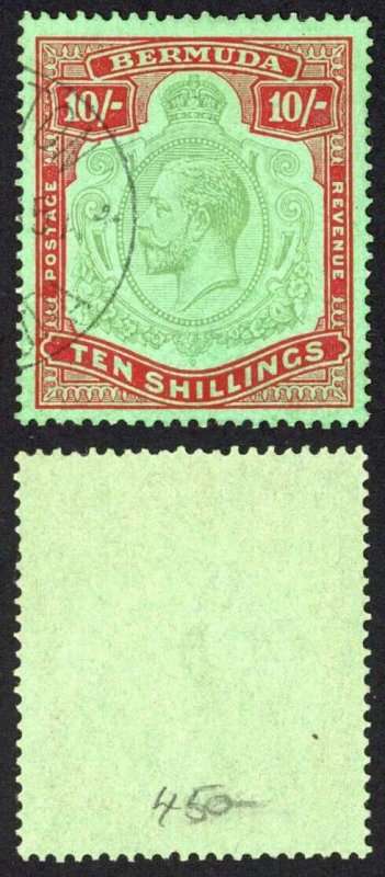 Bermuda SG92g KGV 10/- Key Plate Green and Red/Deep Emerald