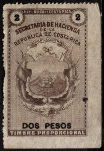 1882 Costa Rica Revenue 2 Pesos Coats of Arms General Tax Duty Unused