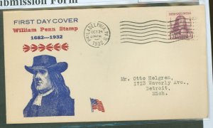 US 724 1932 3c William penn commemorative (single) on an addressed (typed) fdc with a Philadelphia, PA cancel and a John Gill ca