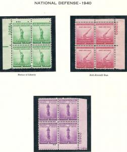 US#899-901 National Defense 1940 Plate Blocks (MNH) CV $1.50