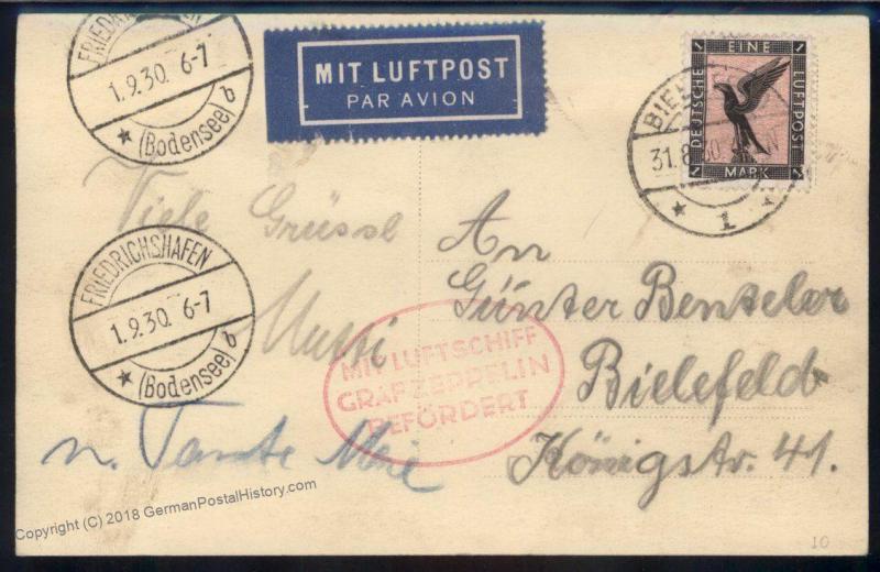 Germany 1930 Graf Zeppelin RPPC 81C Bielefeld Friedrichshafen Return Cover 91391