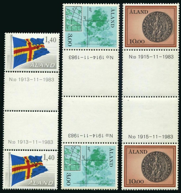 Finland-Aland 7,17.20 gutter, MNH. Mi 4-6. Gaff-rigged sloop,Flag,Map,Seal.1985.