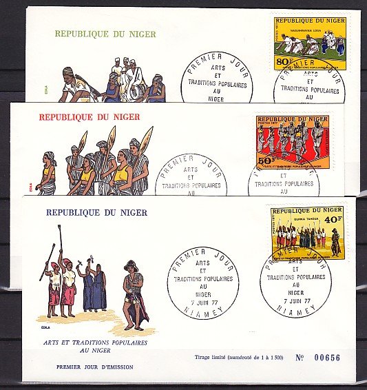 Niger, Scott cat. 399-401. Traditional Dances issue. 3 First day covers. ^