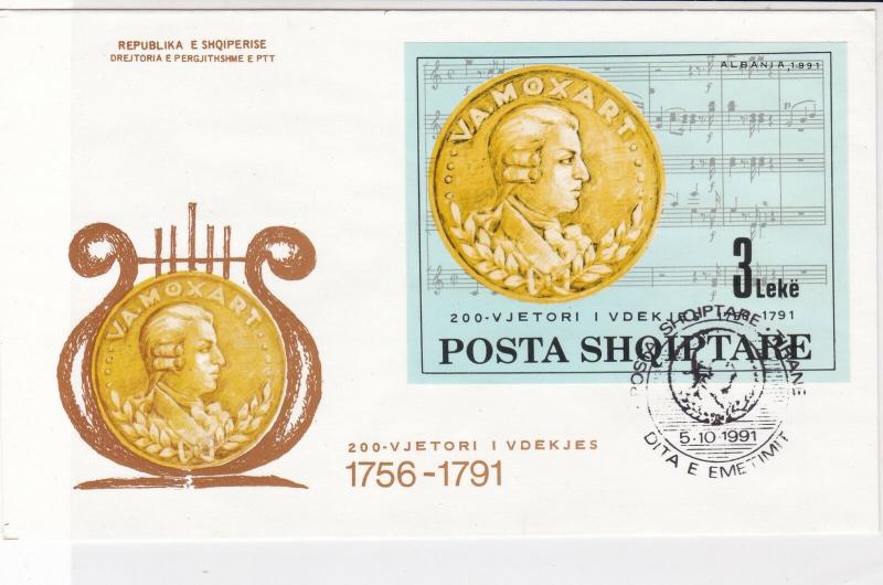 Albania 1991 Celebrating Mozart Music Sheet Head Slogan Stamps Cover Ref 25635